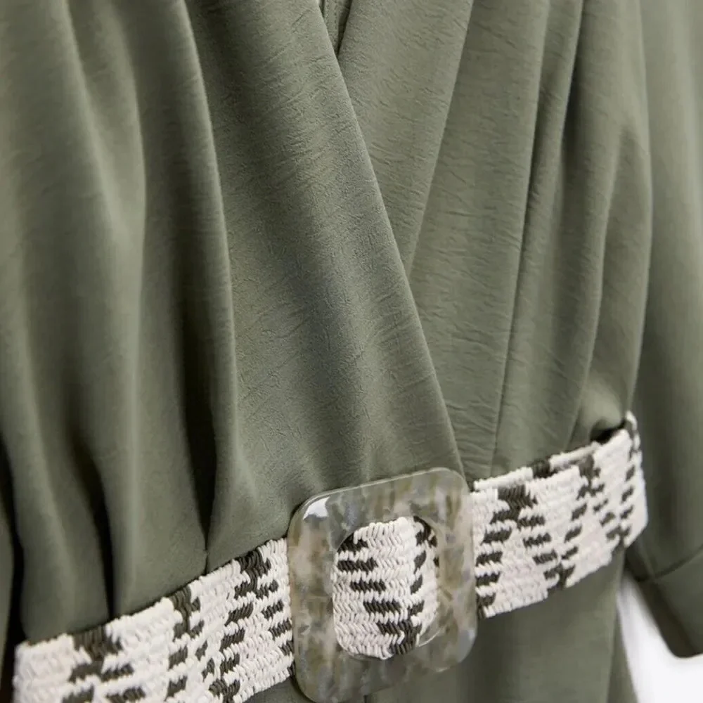 ZARA Dark Khaki Belted Wide Leg Jumpsuit XS NWT Wrap V Neck 3/4 Sleeve